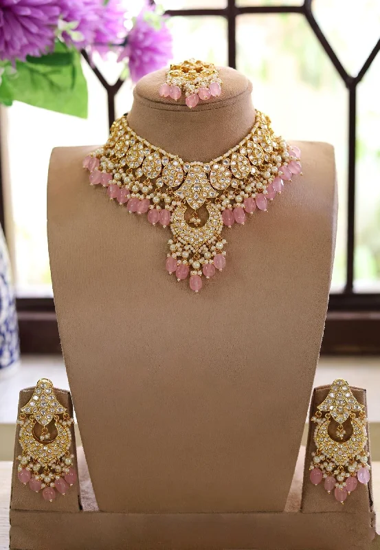 High-end women's earrings-Bridal AD Necklace Earrings Maang Tika Set Elegant Bridal Pakistani Weddings