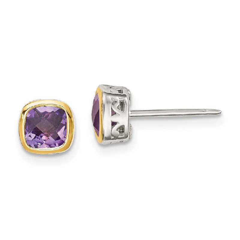 Women's beaded earrings-Sterling Silver w/ 14K Accent Amethyst Square Stud Earrings