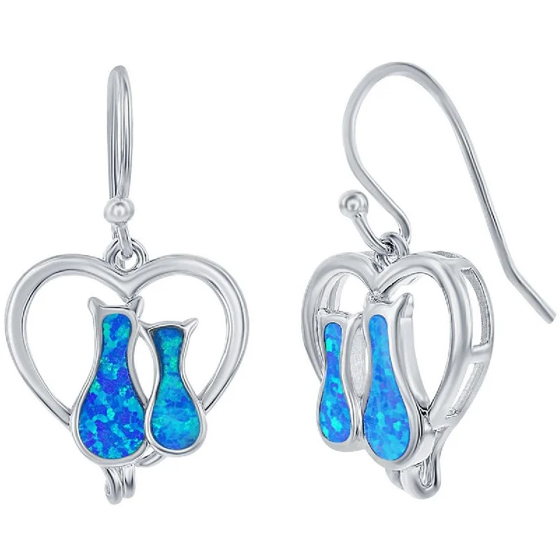 Women's jade earrings-Opalata Women's Earrings - Sterling Silver Blue Opal Cats in a Heart Shape | D-7937