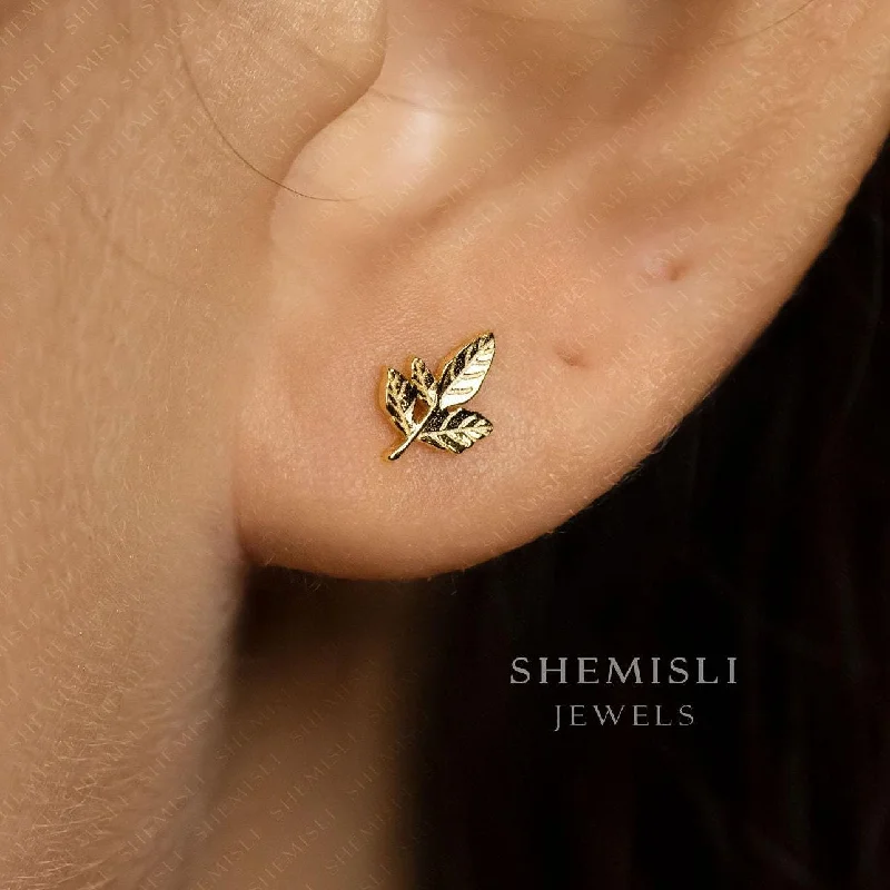 Women's clip-on earrings-Tiny Leaf Stud Earrings, Gold, Silver SHEMISLI SS187 LR