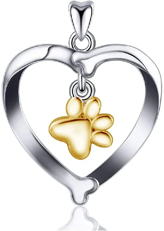 Women's Buddha necklaces-Jewelry Trends Dog Bone Heart with Dangle Paw Print Sterling Silver Pendant Necklace 18"