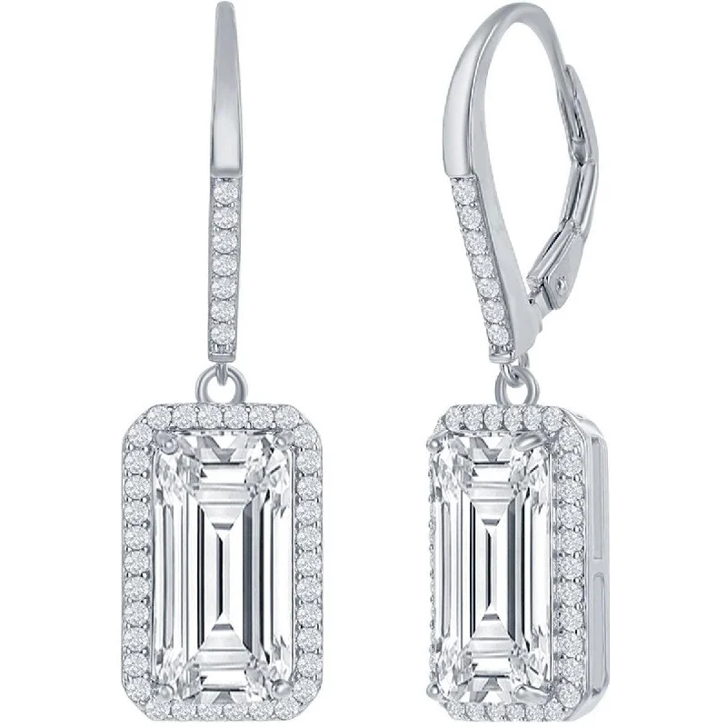 Women's leather earrings-Classic Women's Earrings - Sterling Silver Emerald Cut White CZ with Halo | D-7657