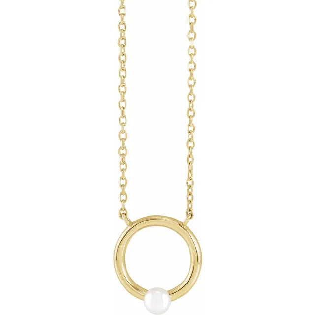 Women's jade necklaces-Tiny 14K Yellow Cultured Seed Pearl Circle Pendant, Comes with 18" Necklace