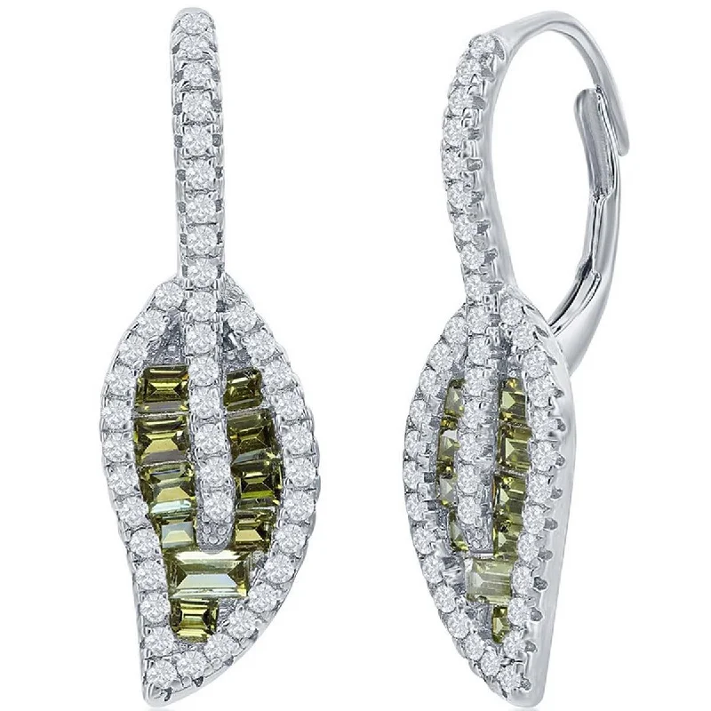 Women's art deco earrings-Classic Women's Earrings - Silver Peridot Baguette and Round White CZ Leaf | D-8159