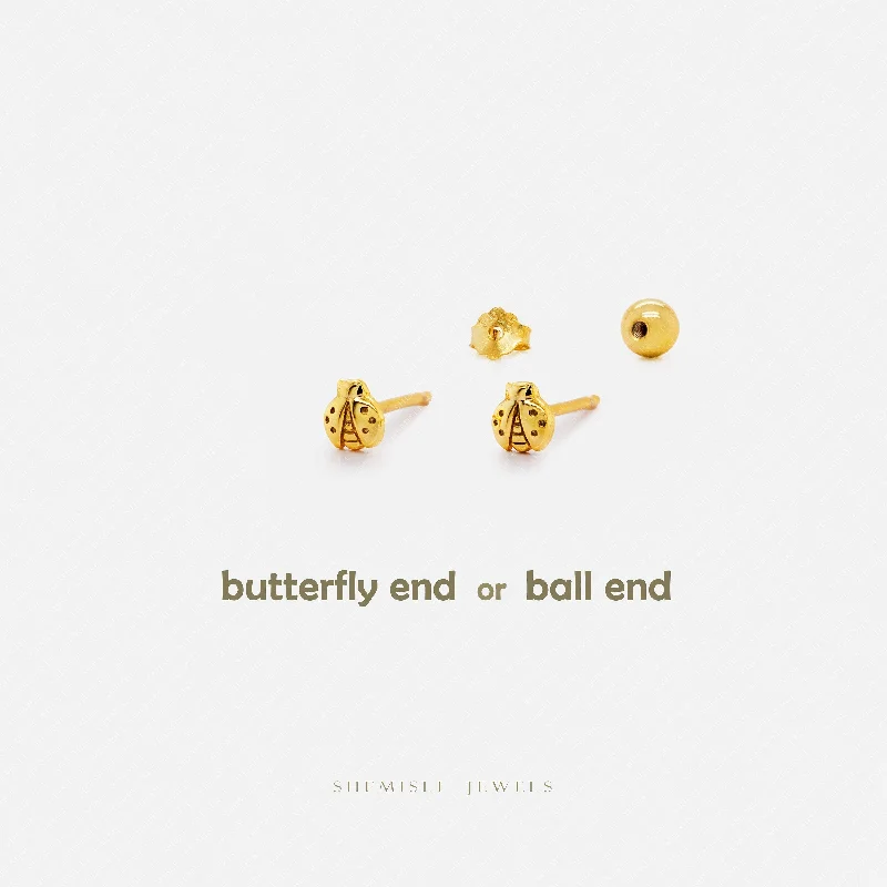 Women's minimalist earrings-Tiny Ladybug Stud Earrings, Unisex, Gold, Silver SS811 Butterfly End, SS812 Screw Ball End (Type A)