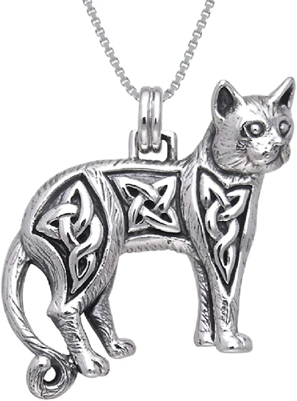 Women's fingerprint necklaces-Jewelry Trends Sterling Silver Celtic Cat Pendant on 18 Inch Box Chain Necklace Feline Gift