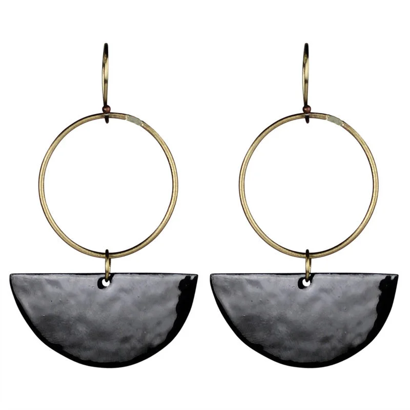 Women's Christmas rings-Donte Earring, Hoop With Semi Circle Black Enamel & Brass