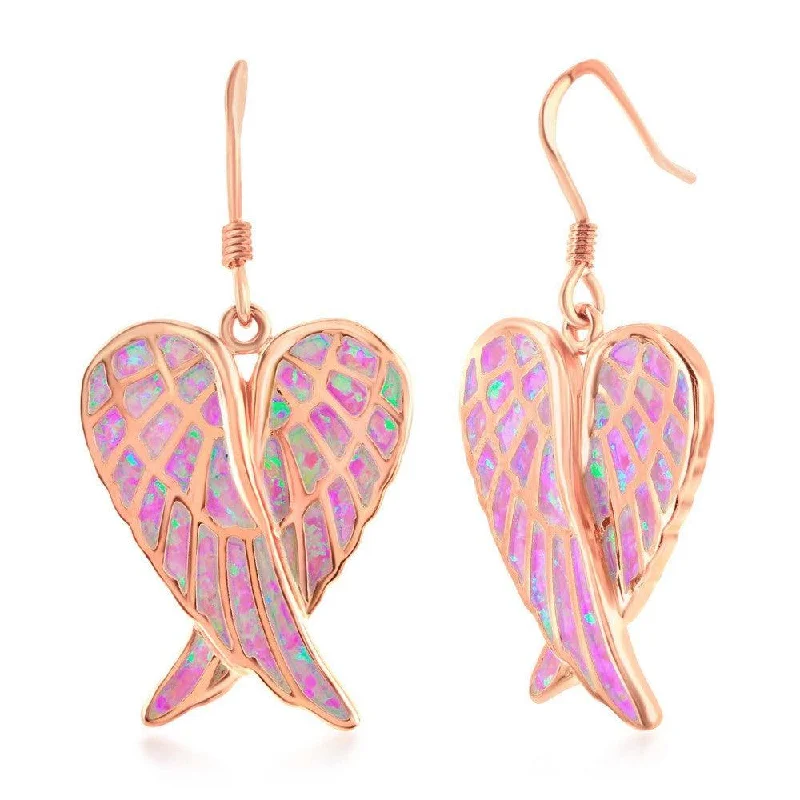 Women's elegant earrings-Sterling Silver Pink Inlay Opal Angel Wings Earrings - Rose Gold Plated