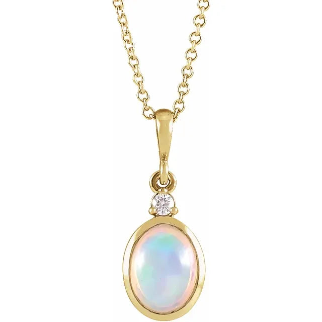 Women's graduation necklaces-14K Yellow Gold Natural White Ethiopian Opal & .015 CT Natural Diamond, with 16-18" Necklace