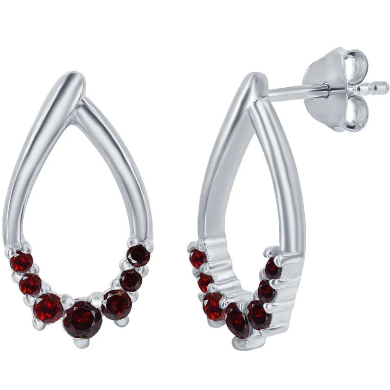 Women's holiday earrings-Classic Women's Earrings - Sterling Silver Pear Shaped Garnet Gem Post Back | D-8127