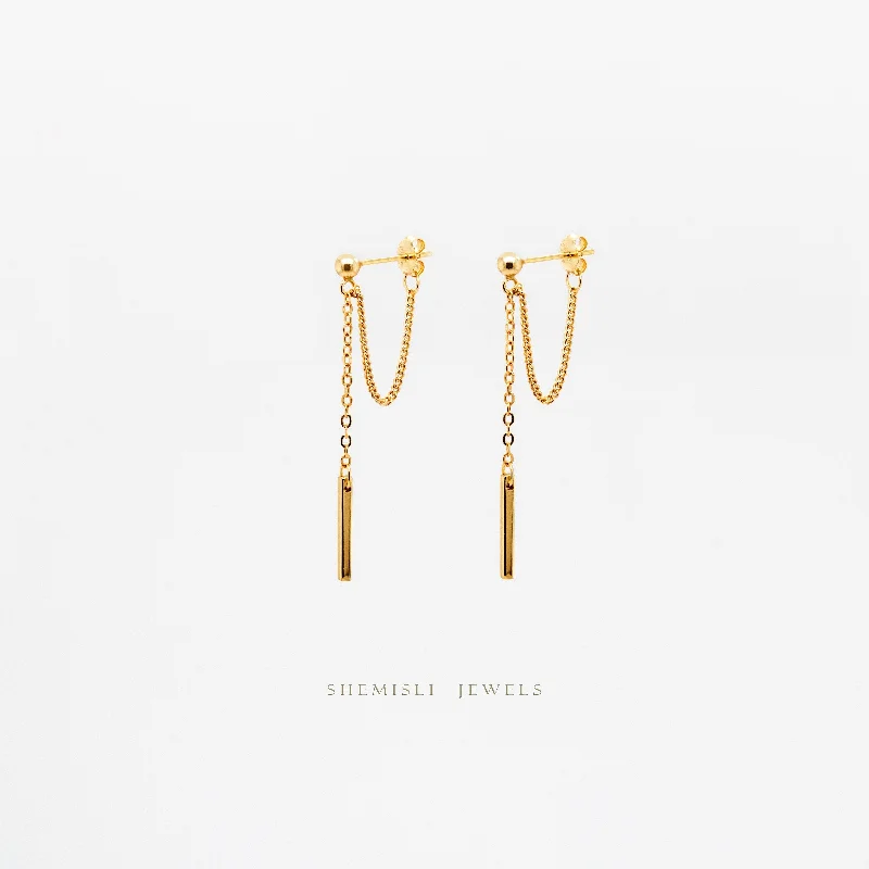 Women's everyday earrings-Bar Dangle Chain Studs Earrings, Unisex, Gold, Silver SHEMISLI SS199