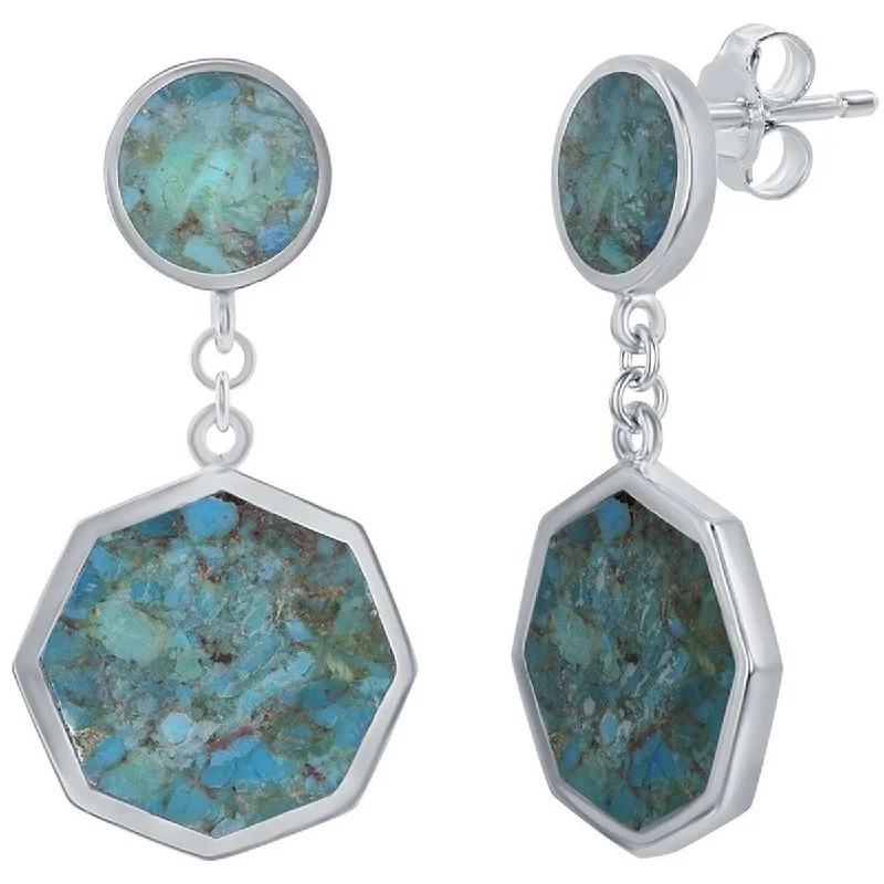 Women's graduation earrings-Classic Women's Earrings - Sterling Silver Round and Hexagon Shaped Turquoise | D-7811