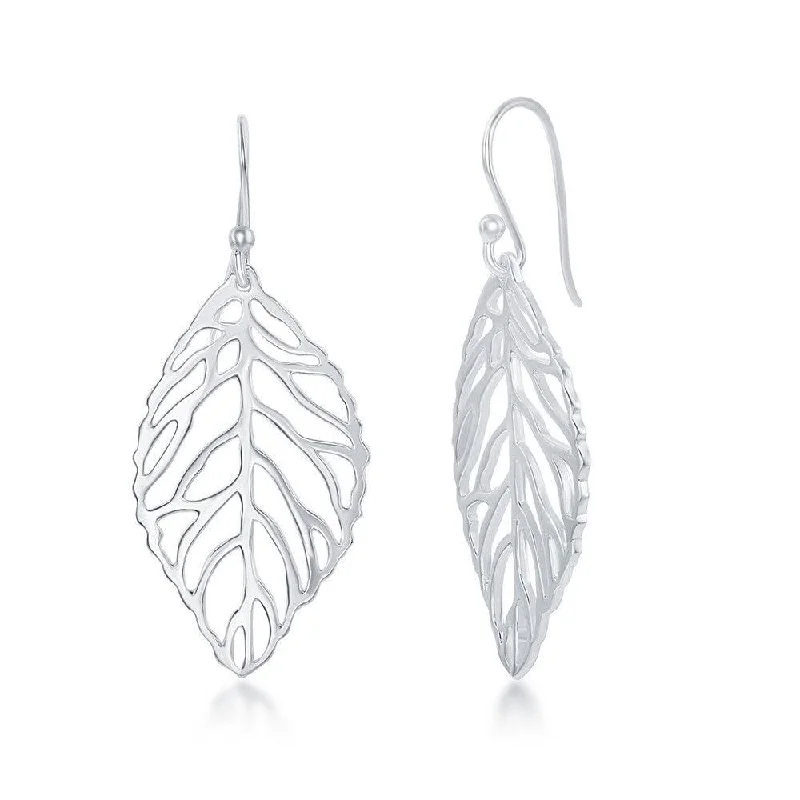 Women's eco-friendly earrings-Sterling Silver Leaf Design Dangle Earrings