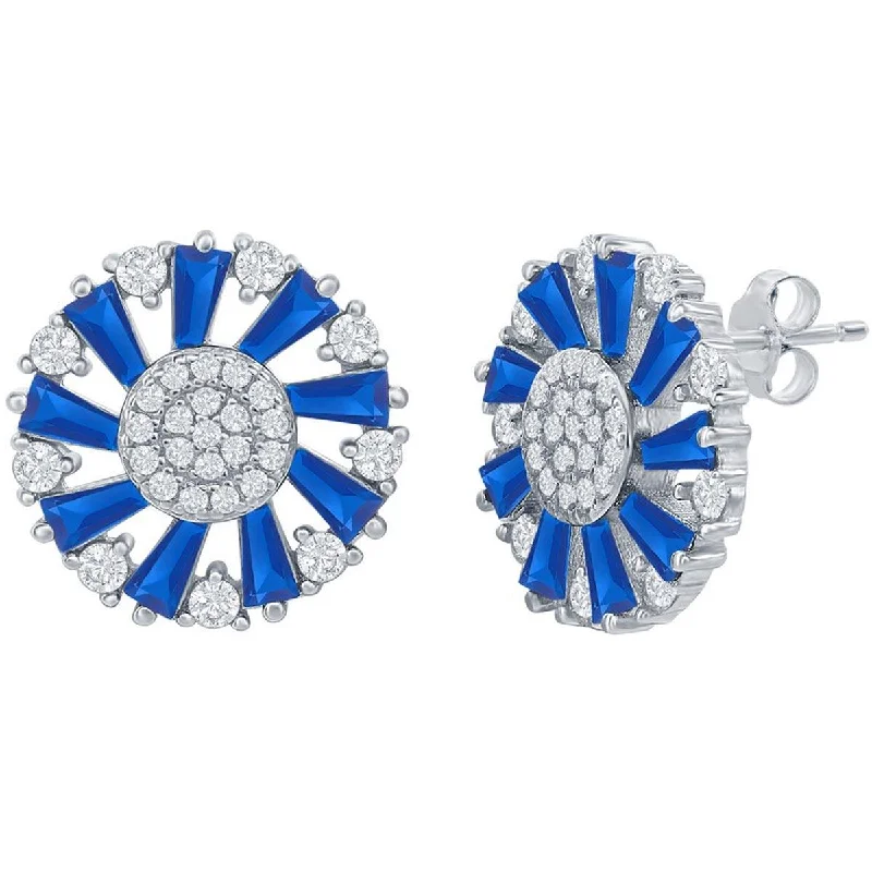 Women's seasonal earrings-Classic Women's Earrings - Sterling Silver Blue Spinel Baguette CZ Circle | D-8143