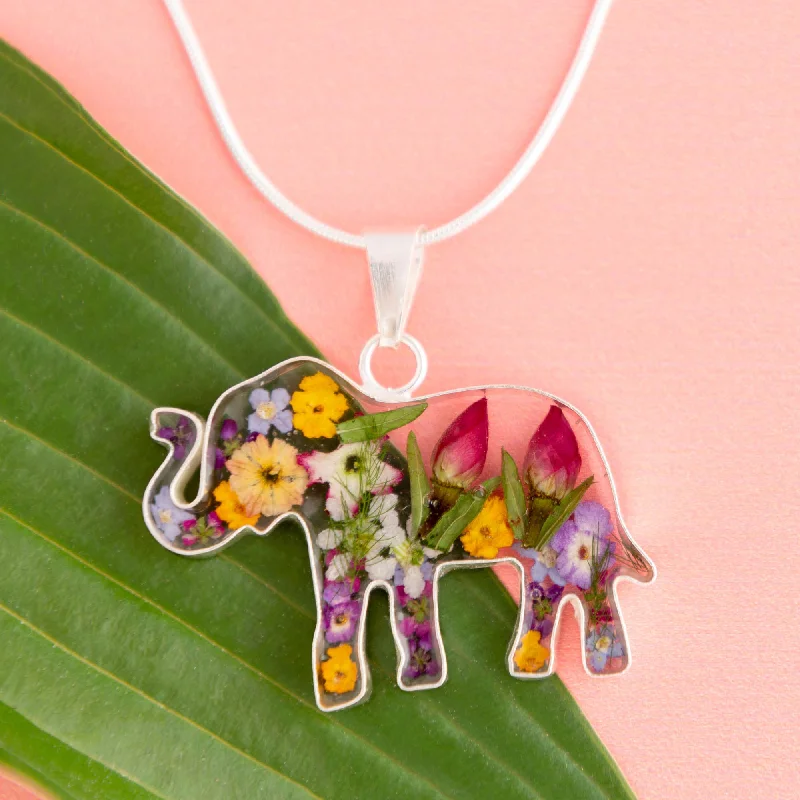 Women's bridal necklaces-Real Flowers & Sterling Elephant Necklace