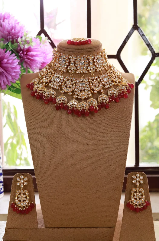 Luxury women's earrings-Golden Red American Diamond Necklace Earrings Maangtika Set Inspired Indian Craftmanship