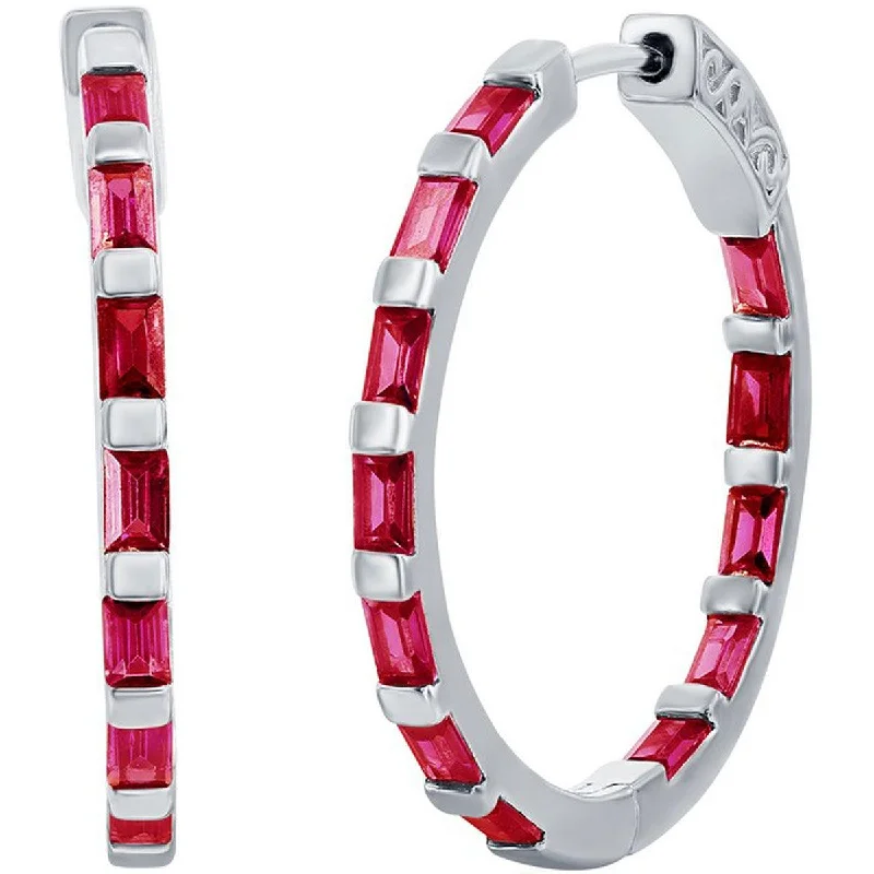 Women's cross earrings-Classic Women's Earrings - Sterling Silver Ruby CZ Baguette CZ 25mm Hoop | D-8201