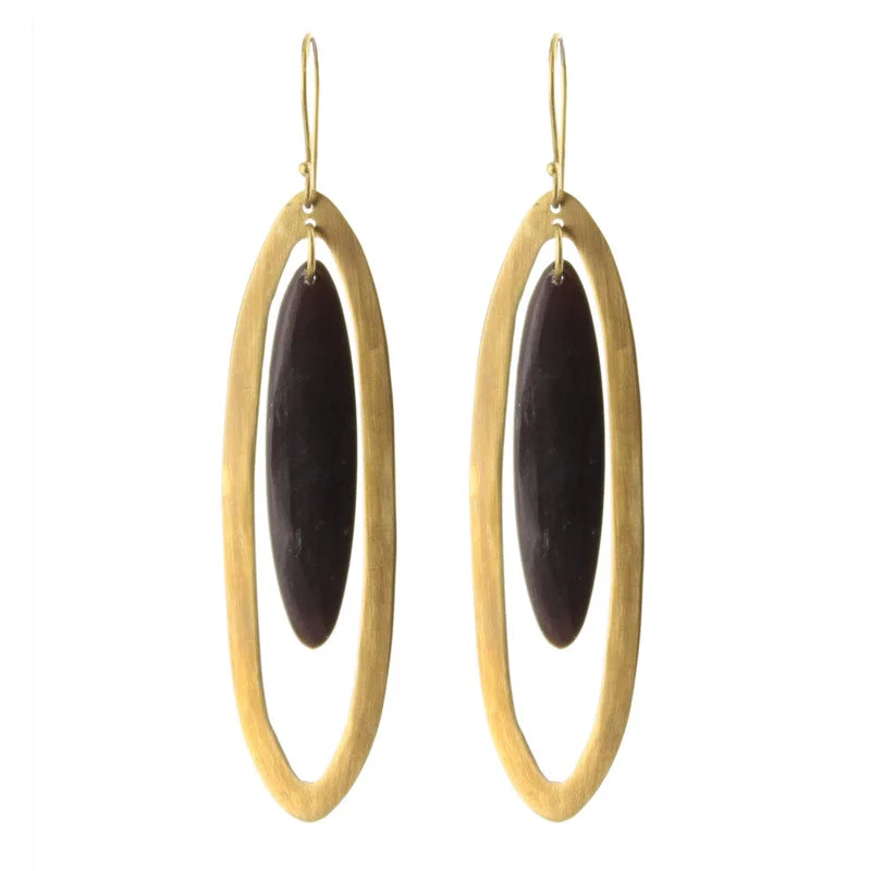 Women's fingerprint rings-Banjar Floating Long Oval Earring - Dark Horn, Brass