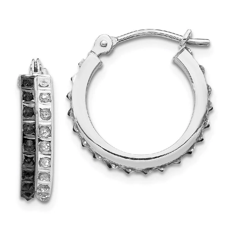 Women's vintage earrings-14k White Gold Diamond Fascination B & W Diamond Round Hinged Hoop Earrings