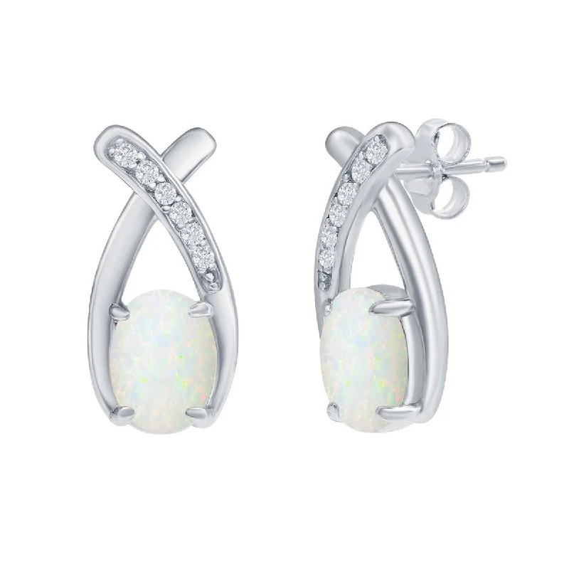 Women's custom engraving earrings-Opalata Women's Earrings - Sterling Silver Oval White Opal with CZ Post Back | D-8171