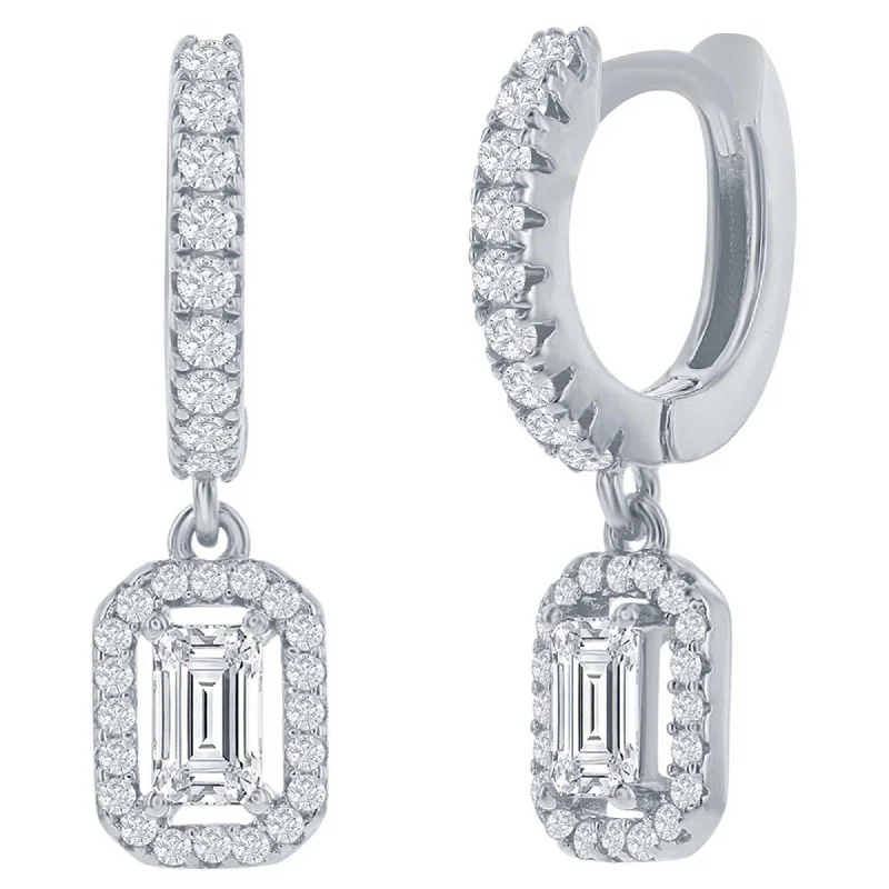 Women's dangle earrings-Classic Women's Earrings - Sterling Silver Rectangle CZ Huggie Hoop | D-8217