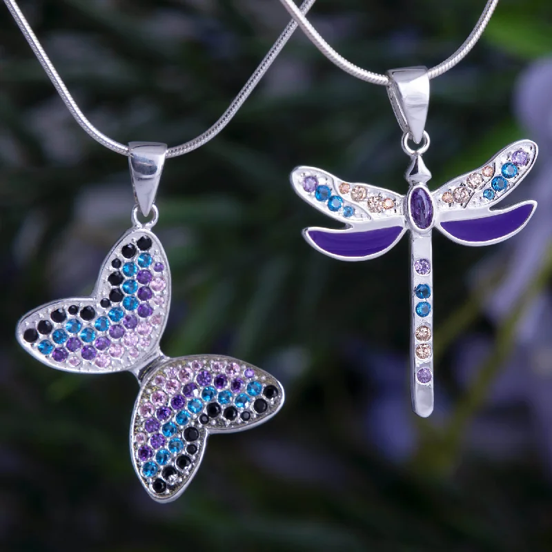 Women's beaded necklaces-Fluttering Friends Sterling & Crystal Necklace