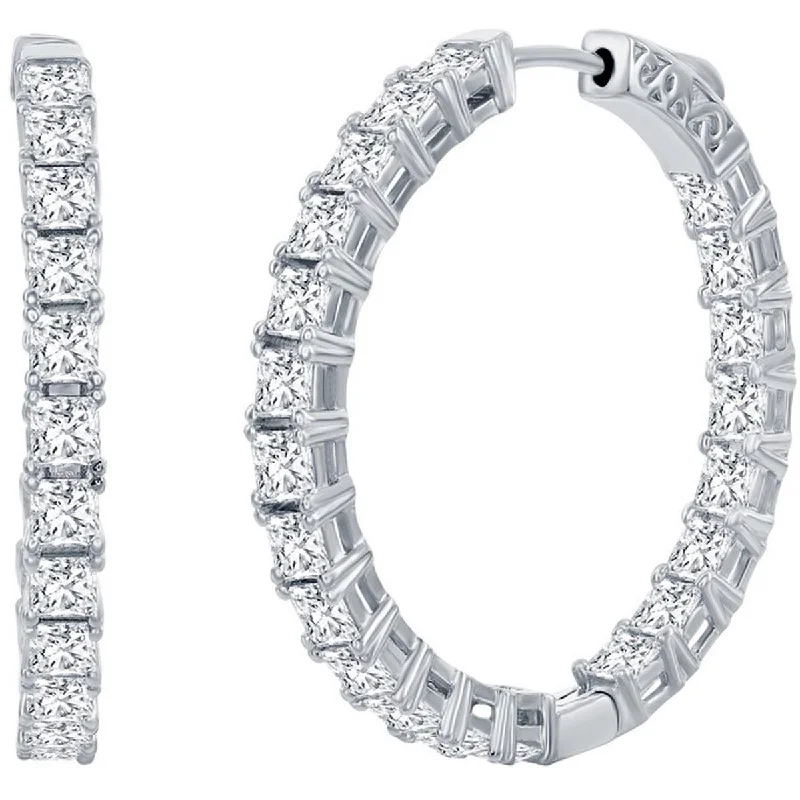 Women's stud earrings-Classic Women's Earrings - Silver 3x35mm Square White CZ Inside Outside Hoop | D-7978