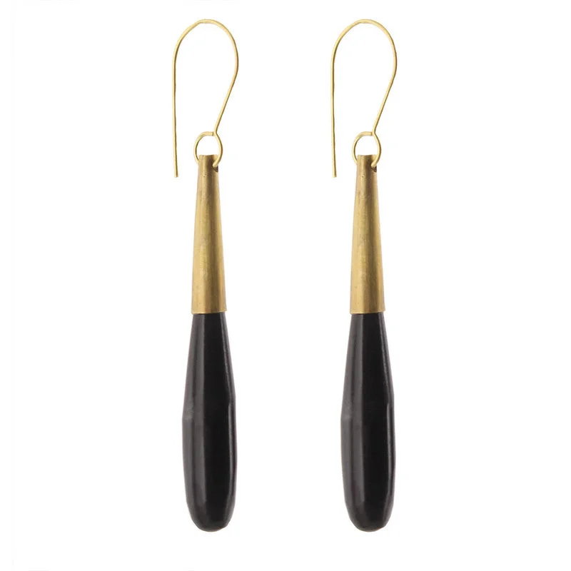 Women's family rings-Teardrop Horn Earring - Lrg - Dark Horn, Brass