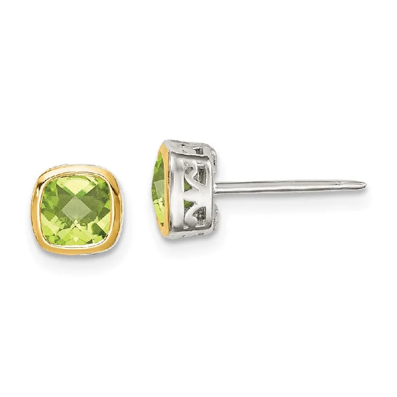 Women's crystal earrings-Sterling Silver w/ 14K Accent Peridot Square Stud Earrings