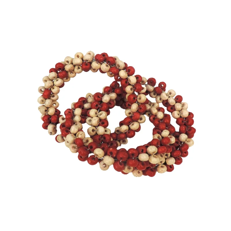 Women's leather rings-Hand Beaded Wooden Napkin Ring in Red & Cream, Set of 4