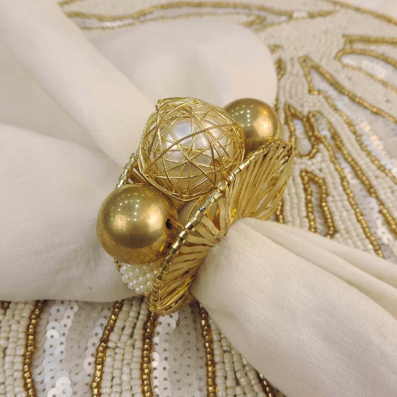 Women's promise rings-Pearl Bead Napkin Ring in Gold & Cream, Set of 4