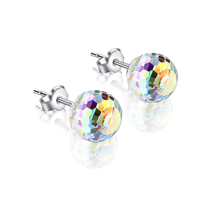 Women's moon phase earrings-Aurora Borealis Swarovski Faceted Crystal Ball Studs