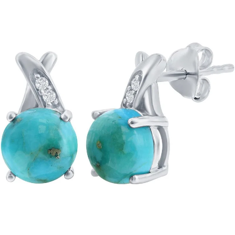 Women's travel earrings-Classic Women's Earrings - Sterling Silver Round Turquoise with White Topaz | D-8117