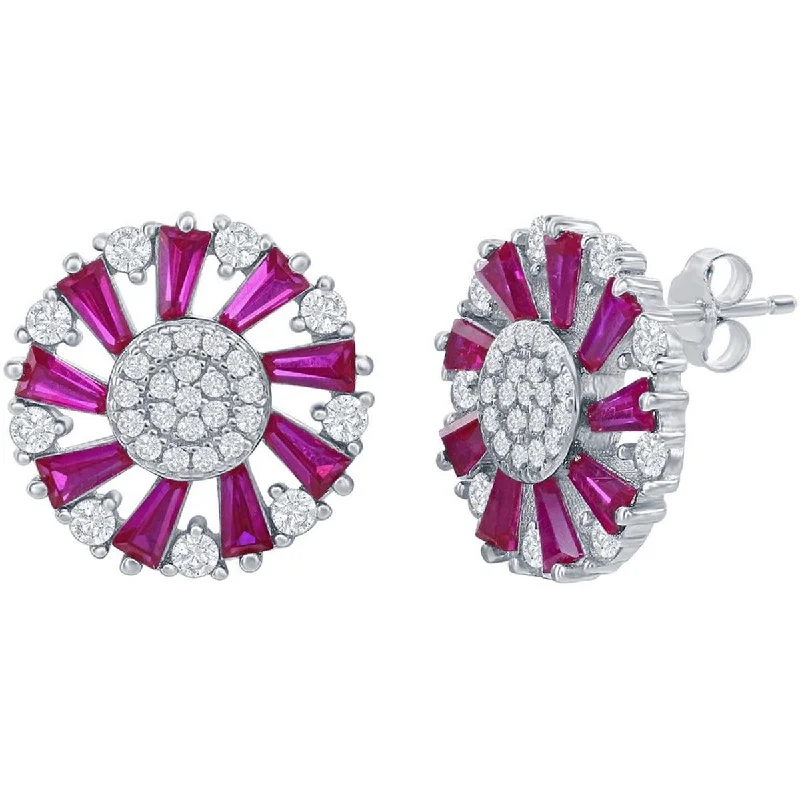 Women's modern design earrings-Classic Women's Earrings - Ruby Baguette White CZ Circle Post Back Closure | D-8145