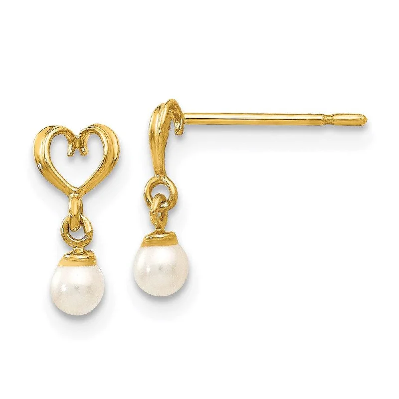 Women's gold-plated earrings-Madi K Kid's 14k  FW Cultured Pearl Heart Dangle Post Earrings