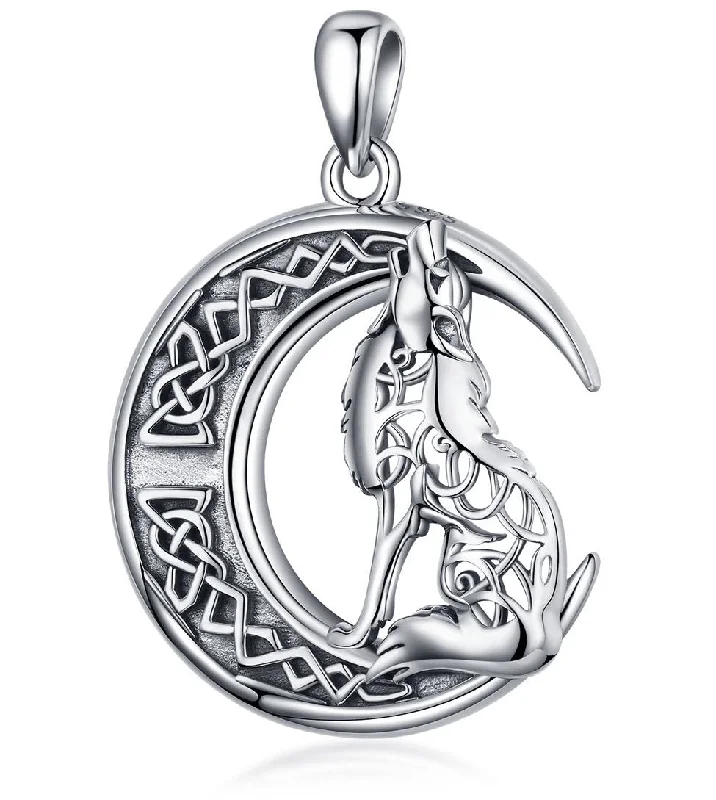 Women's statement necklaces-Jewelry Trends Celtic Moon Howling Wolf Crescent Knot Sterling Silver Pendant Necklace 18"