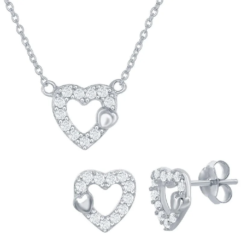 Women's pet memorial earrings-Sterling Silver Small Open CZ Heart Necklace and Earrings Set