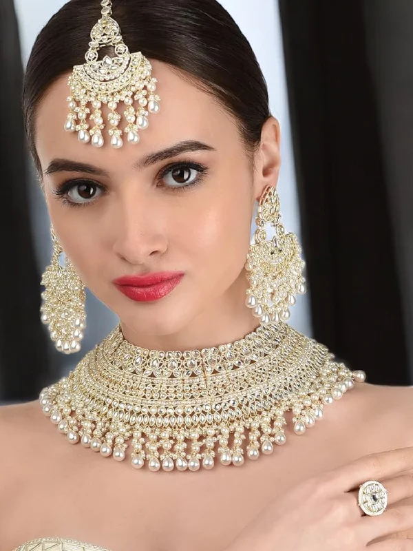 Women's formal earrings-Gold Tone Pearl Choker Necklace earrings Mangtika Ring Set, Bridal Pearl Jewelry Set, Wedding Necklace Ring Set, Mangtika Earrings Set, Bollywood Pearl Jewellery Set