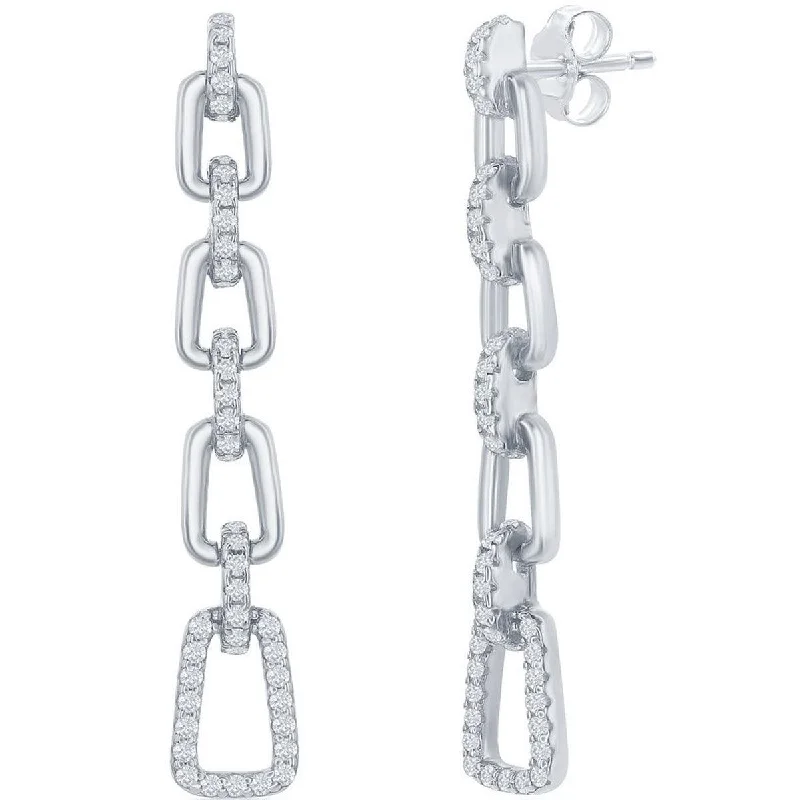 Women's sterling silver earrings-Classic Women's Earrings - Sterling Silver Paperclip Design White CZ Long | D-7910