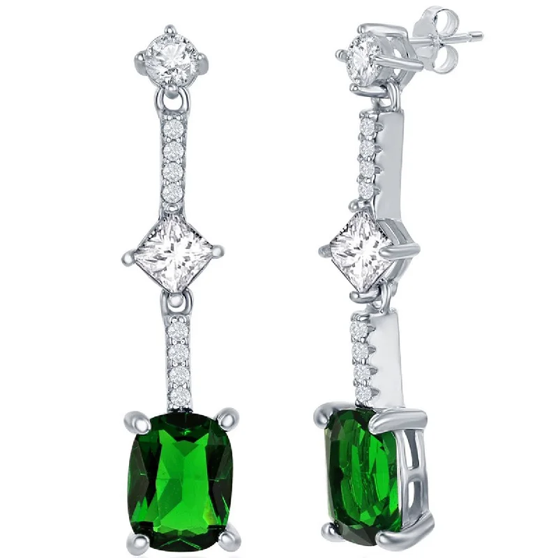 Women's pet memorial earrings-Classic Women's Earrings - Sterling Silver White and Cushion Cut Emerald CZ | D-7842