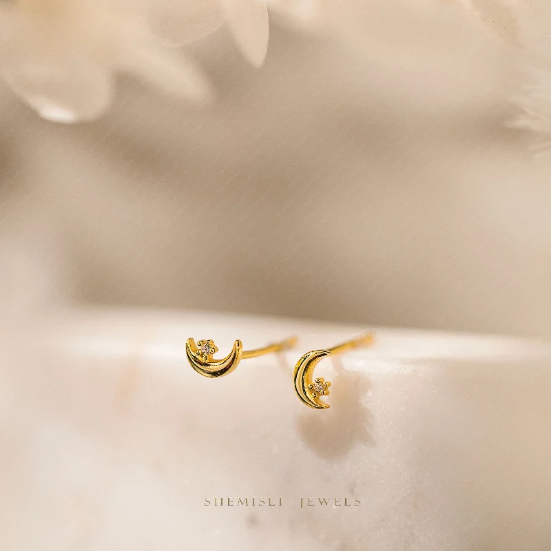 Women's gemstone earrings-Dainty Moon and Star Studs Earrings, Unisex, Gold, Silver SHEMISLI SS637 Butterfly End, SS638 Screw Ball End (Type A) LR