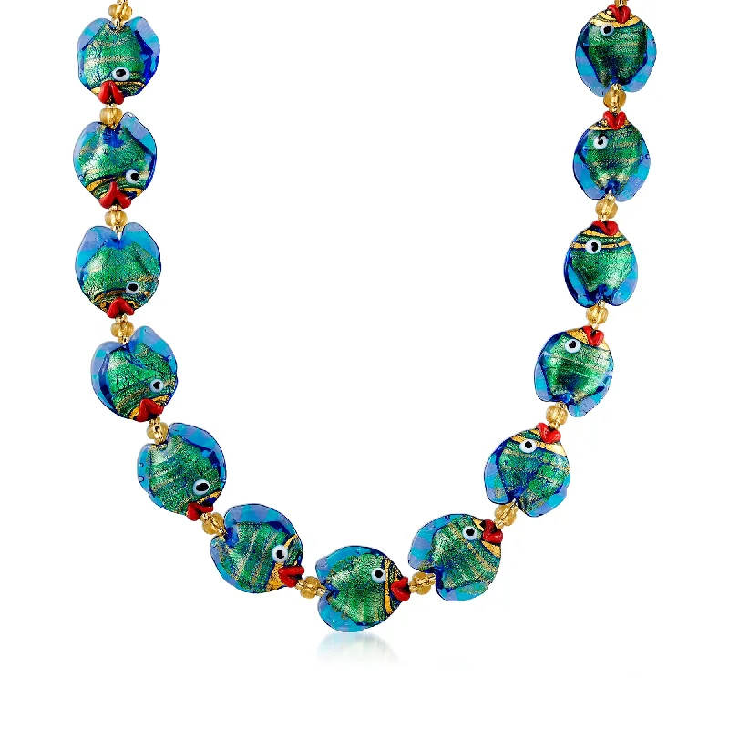 Women's vintage-inspired necklaces-Ross-Simons Italian Multicolored Murano Glass Fish Necklace With 18kt Gold Over Sterling