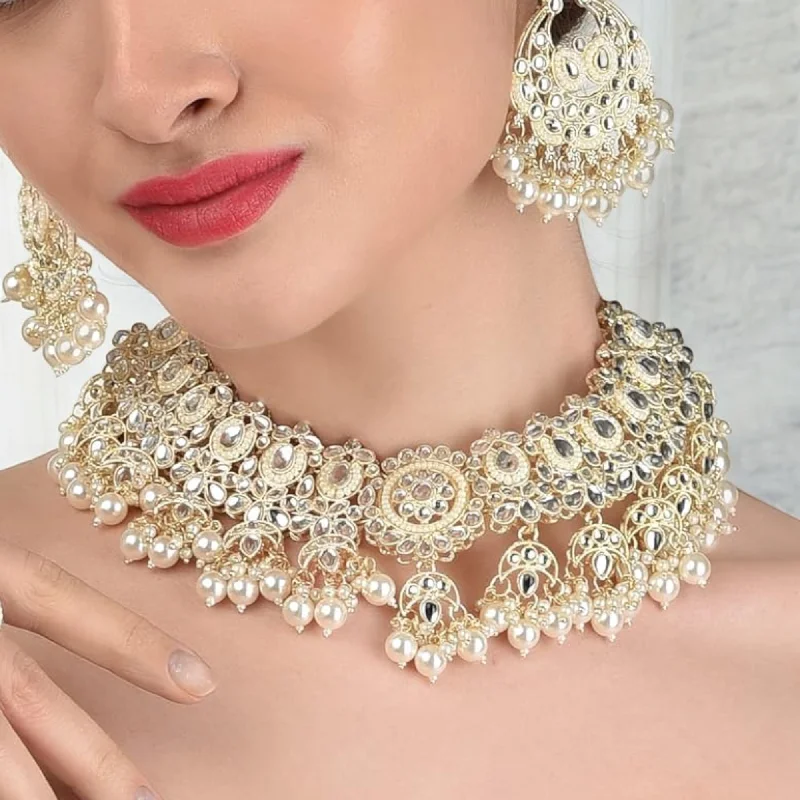 Designer women's earrings-Gold Kundan Bridal Choker Necklace With Pearl Earrings, Kundan Choker Necklace, Pearl Earrings Set, Indian Kundan Jewelry, Bridal Kundan Jewellery Set, Bollywood Pearl Necklace Earrring Set, Choker Set