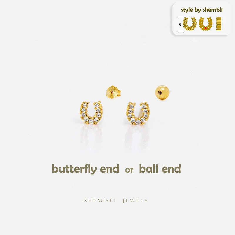 Women's exclusive earrings-Tiny CZ Horseshoe Studs Earrings, Unisex, Gold, Silver SHEMISLI SS825 Butterfly End, SS826 Screw Ball End (Type A)