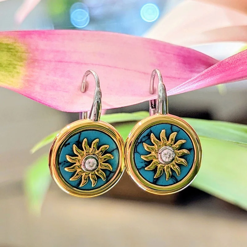 Women's art deco rings-Gold Plated Sunburst Turquoise Earring