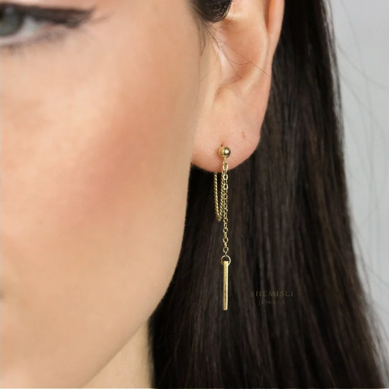 Women's mother-daughter earrings-Bar Dangle Chain Studs Earrings, Unisex, Gold, Silver SHEMISLI SS199