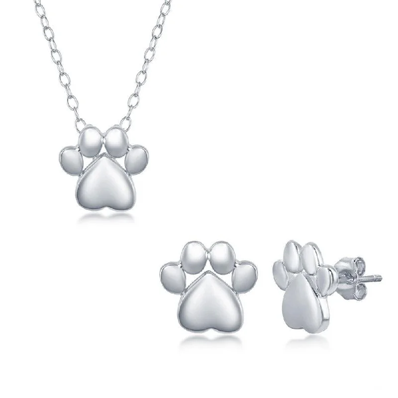 Women's titanium earrings-Sterling Silver High Polish Paw Print Necklace and Earrings Set