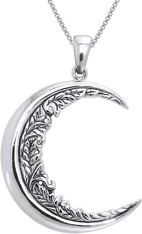 Designer women's necklaces-Jewelry Trends Sterling Silver Large Floral Leaf Crescent Moon Pendant on 18 Inch Box Chain Necklace