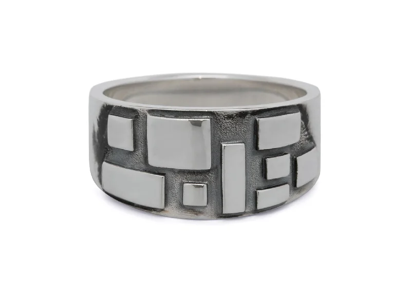 Women's gold-plated rings-Retro Geometric Ring, Sterling Silver