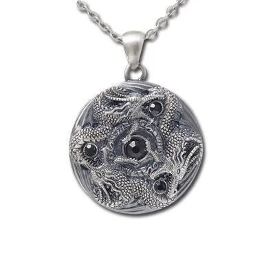 Women's Christmas necklaces-Dragon Necklace - Pewter Trinity Dragon Round Pendant on 23 Inch Chain Necklace